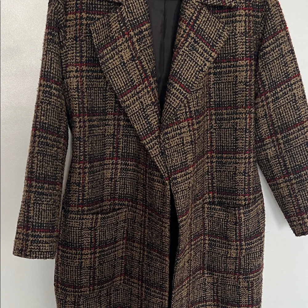 Express Tan Red Navy Tweed Plaid Coat - Picture 10 of 12